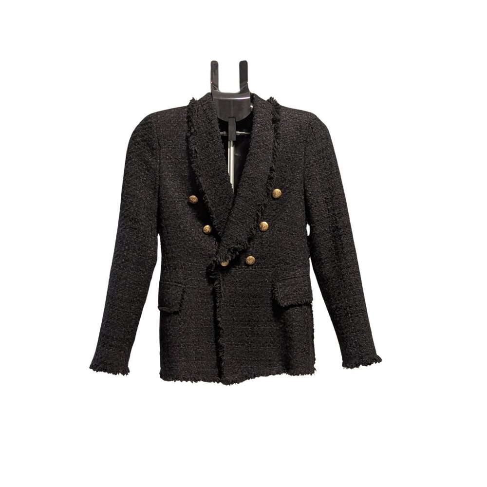 ZARA Woman Black Bouclé Tweed Double-Breasted Blazer Size S Gold Buttons - Picture 2 of 8